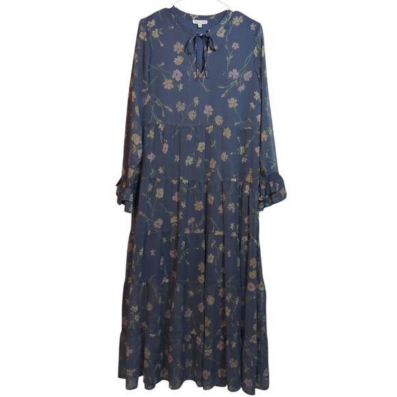 Patrons of Peace Dresses & Skirts - Patrons of Peace Blue Floral Bishop Sleeve Midi Semi Sheer Size M